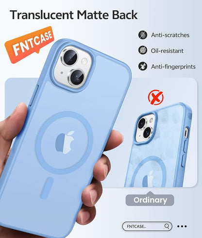 FNTCASE for iPhone 15 Plus Case: for iPhone 14 Plus Case Translucent Matte Military Grade Protective Phone Cover - Slim Anti-Slip Durable Shockproof Drop Protection Cases - Light Blue