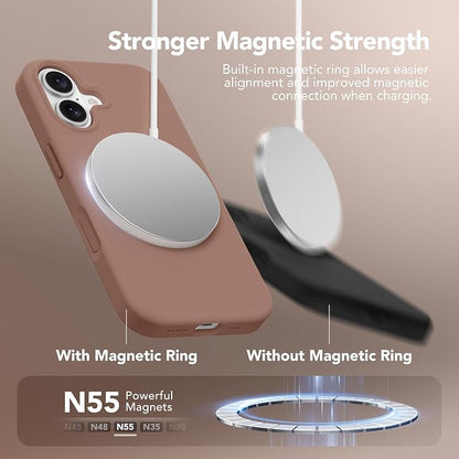 GONEZ Magnetic for iPhone 16 Case, Compatible with MagSafe, [Screen Protector + Camera Lens Protector], Liquid Silicone Shockproof Protective Phone Case for iPhone 16 6.1", Brown