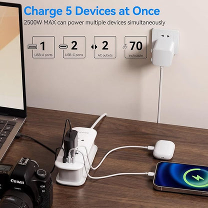 Universal Travel Adapter, 30W European Travel Plug Adapter with 2 USB-C PD & 1 USB-A Ports, International Power Adapter Fast Charging with 70in Power Cord for USA EU UK AUS