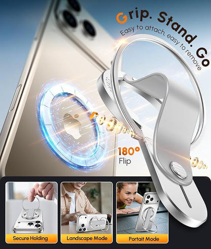 2nd Gen for Magsafe Phone Grip for iPhone - Strong Dual-Sided Magnetic Phone Ring Holder - Detachable, Comfortable Finger Loop Stand for iPhone 17 Pro Max 16 15/14/13/12 Series (Silver)