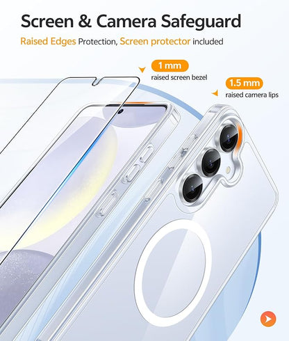 FNTCASE for Galaxy S25/S24 Case Clear, Fit for Magsafe, Screen Protector | Anti Yellowing Magnetic Back, 14FT Military Grade Drop Protection, Shockproof Protective Phone Cover, Transparent