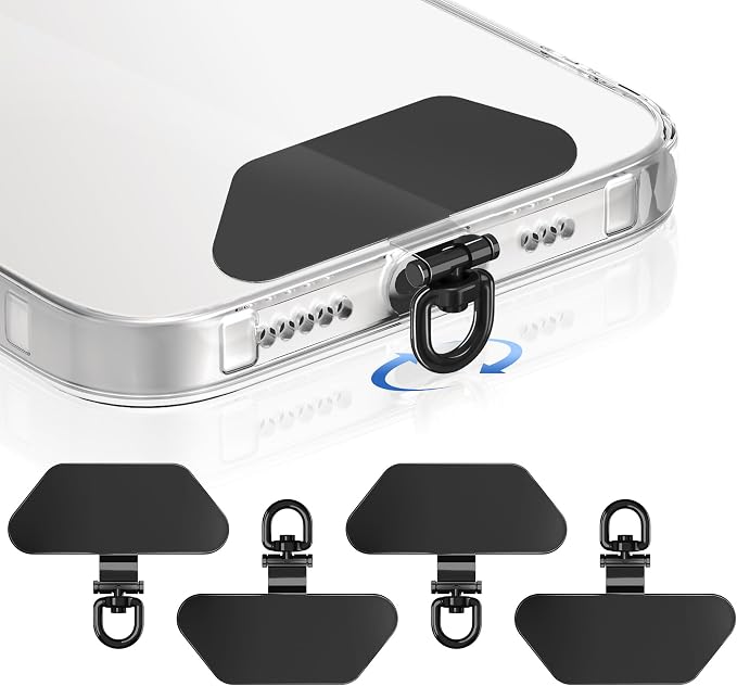 takyu Phone Tether Tab, 360° Rotating Metal Phone Lanyard Tab, Cellphone Charm Wrist Strap Hook Holder, Ultra-thin Metal Patch Compatible for iPhone Android Smartphones, 4 Pack Black