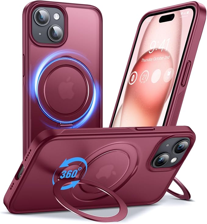 Anqrp 360° All-in-ONE Stand Case for iPhone 15 Case with Rotatable Magnetic Kickstand Ring Holder, Compatible with Mag-Safe, MIL-Grade Shockproof iPhone 15 Phone Case Cover 6.1", Red