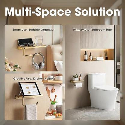 TRUSTMI Toilet Paper Holder with Phone Shelf, Bathroom Accessories Tissue Roll Dispenser Storage Wall Mounted, Brushed Gold