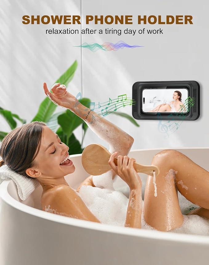 Upgraded Shower Phone Mount Waterproof with Speaker Hole Touch Screen Shower Phone Stand Holder for Bathroom Bathtub Kitchen Wall Mirror for iPhone 1716 15 14 13 12 11 Pro XS XR Max (Black)