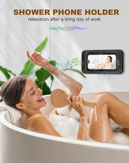 Upgraded Shower Phone Mount Waterproof with Speaker Hole Touch Screen Shower Phone Stand Holder for Bathroom Bathtub Kitchen Wall Mirror for iPhone 1716 15 14 13 12 11 Pro XS XR Max (Black)