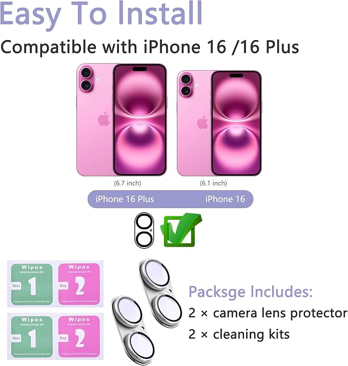 2 Pack Camera Lens Protector for iPhone 16/16 Plus,Metal AR Tempered Glass Rear Camera Screen Cover,Anti-Scratch,Strong Adsorption,Case Friendly, Easy to Install-Silver