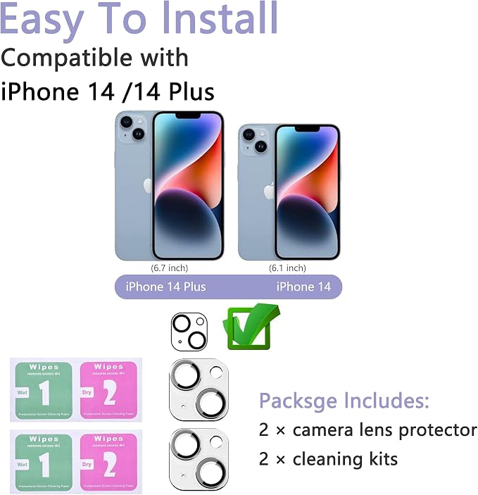 2 Pack Camera Lens Protector for iPhone 14/14 Plus,Metal AR Tempered Glass Rear Camera Screen Cover,Anti-Scratch,Strong Adsorption,Case Friendly, Easy to Install-Silver