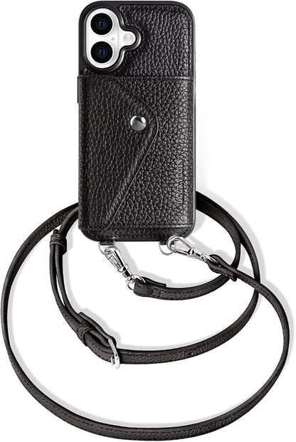 LUCKYCOIN for iPhone 17 Crossbody Wallet Case – Genuine Leather Phone Purse with Adjustable Strap and Card Holder,Lanyard Phone Purse Case for Women,Pebble Grain Black