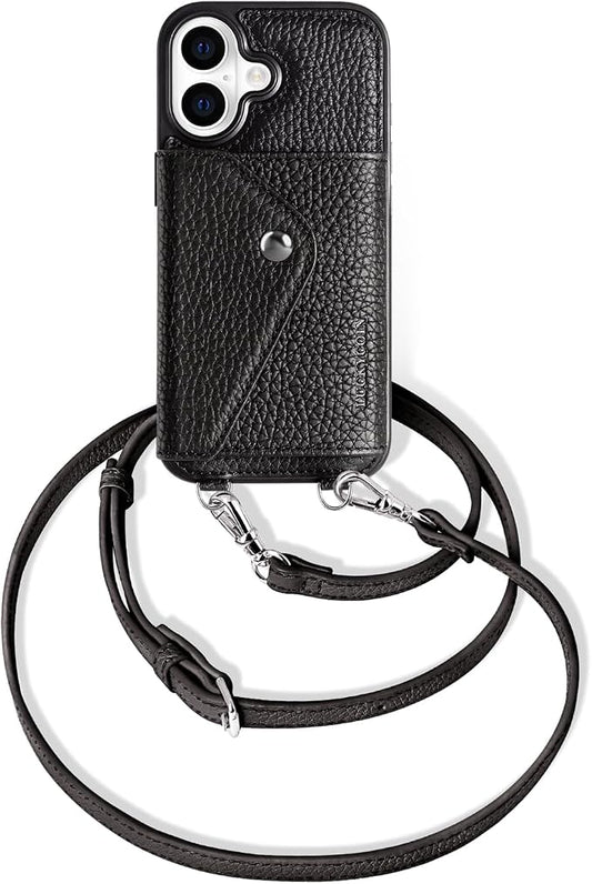 LUCKYCOIN for iPhone 17 Crossbody Wallet Case – Genuine Leather Phone Purse with Adjustable Strap and Card Holder,Lanyard Phone Purse Case for Women,Pebble Grain Black