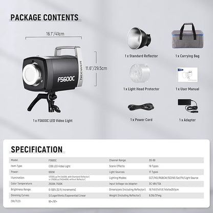 NEEWER Pro 600W RGB LED Video Light APP/2.4G/DMX Control, 2500-7500K 52500lx/1m COB Continuous Output Lighting, CRI95+/TLCI97+ Spotlight with Bag for Studio Photography Recording Streaming, FS600C