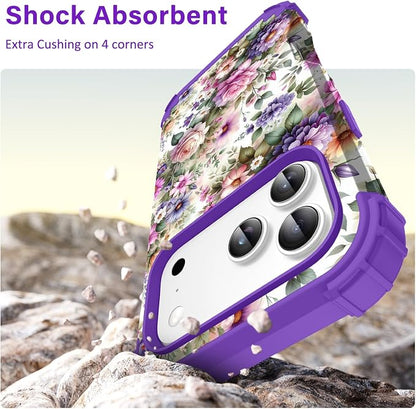 Hocase for iPhone 17 Pro Case 6.3", Heavy Duty Shockproof Protection Soft Silicone Rubber+Hard Plastic Bumpers Hybrid Protective Case for iPhone 17 Pro 2025 - Purple Pink Flowers