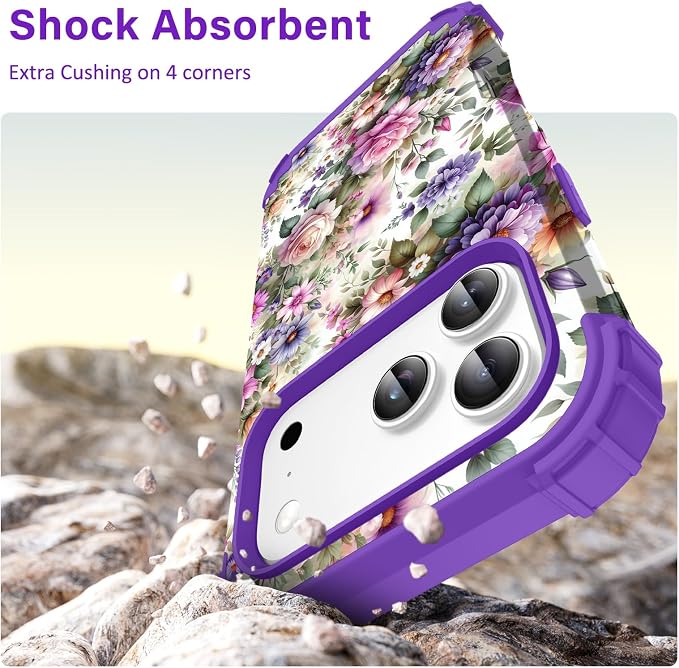 Hocase for iPhone 17 Pro Max Case, Heavy Duty Shockproof Protection Soft Silicone Rubber+Hard Plastic Bumpers Hybrid Protective Case for iPhone 17 Pro Max 2025 - Purple Pink Flowers