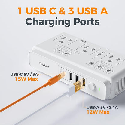 TESSAN Voltage Converter US to Europe, 220 to 110 | 4 USB Ports (1 USB C), 3 AC Outlets, EU UK AU IT IN ZA Plug Adapter, Step Down Transformer, 6 FT Cord