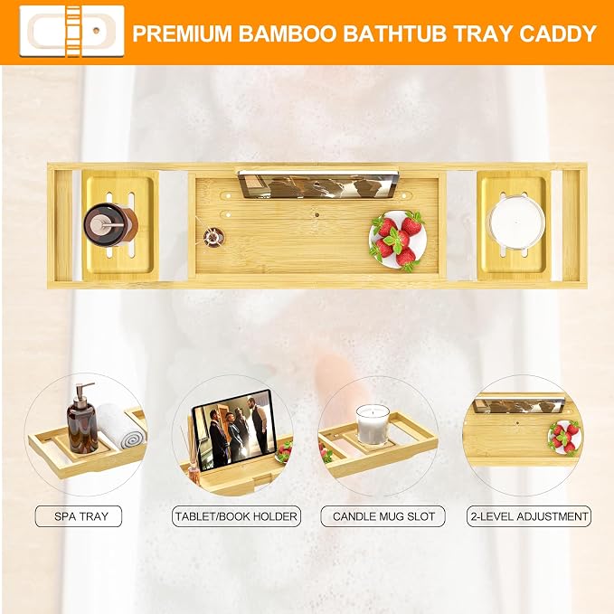Premium Bathtub Tray - Expandable Bamboo Wooden Bath Trays for Bathub - Bath Tub Table Tray for Bathtub/Tub,Adjustable Size, Fits Most Tubs
