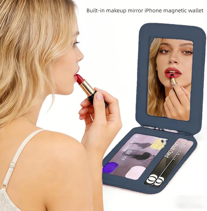 Upgraded for Magsafe Wallet, Strong Magnetic Phone Wallet with Adjustable Stand, Built in Makeup Mirror, 5 Card Holder, RFID Blocking (Deep Blue Fold)