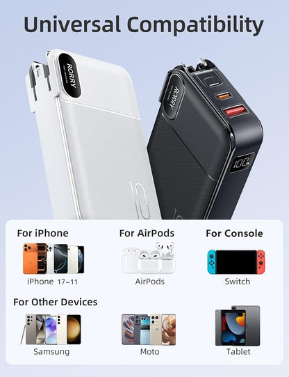 RORRY Portable Charger w/Wall Plug 10000mAh Power Bank 22.5W Battery Pack | Built in Cables, Fast Charging, for iPhone, iPad, Samsung Galaxy, Pixel, LG, Travel Essential, Digital Display, Pocket Size