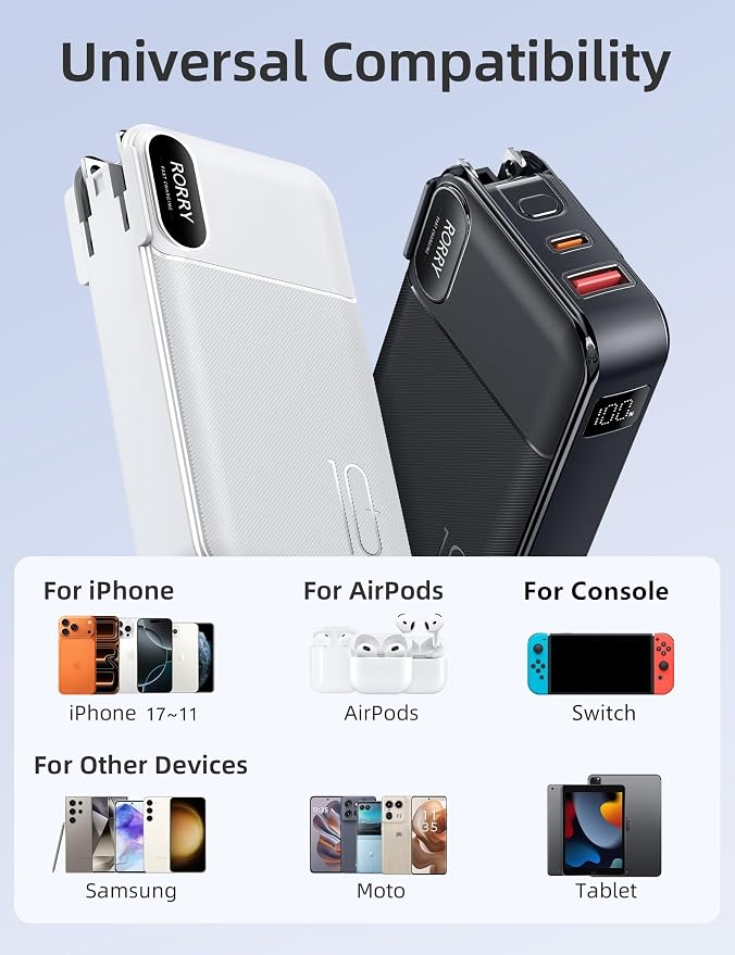 RORRY Portable Charger w/Wall Plug 10000mAh Power Bank 22.5W Battery Pack | Built in Cables, Fast Charging, for iPhone, iPad, Samsung Galaxy, Pixel, LG, Travel Essential, Digital Display, Pocket Size