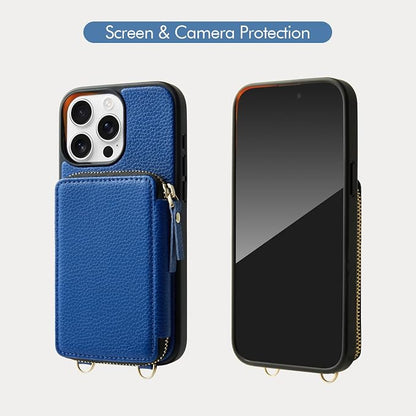 ZVE for iPhone 14 Pro Max Wallet Case Crossbody, Card Phone Case for Women, Zipper RFID Blocking Leather Cover with Wrist Strap, Purse for iPhone 14 Pro Max, 6.7", 2022- Navy Blue