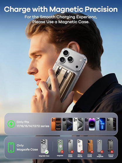 Magsafe Charger 10000mAh PD 20W Power Bank for iPhone & Apple Watch | Magnetic power bank, built-in 2 charging cables, PD 20W fast charge, compatible with iPhone 12-17 & Apple Watch Series