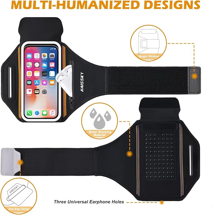 Running Armband with Earphone Bag Cell Phone Armband for iPhone 17 16 15 Pro 14 Plus 13 11 XR, Galaxy S24/S10 Water Resistant Sports Phone Holder Case & Zipper Slot Car Key Holder for 6.9 inch Phone