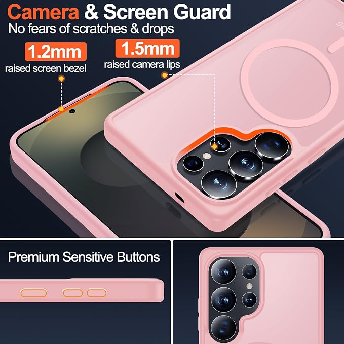 MOZOTER for Samsung Galaxy S25 Ultra Case,[Compatible with MagSafe] Black | [2*Screen Protector][12Ft Military Dropproof]Translucent Anti-Slip Back Slim Shockproof Case for S25 Ultra-Pink