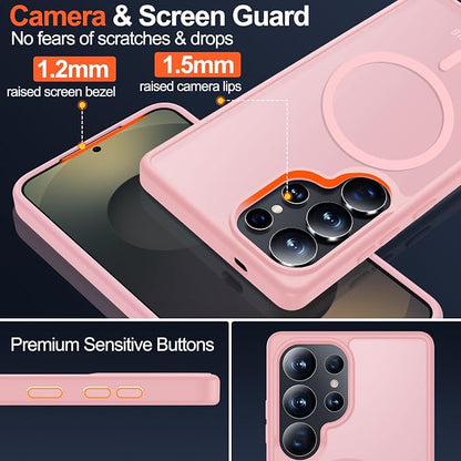 MOZOTER for Samsung Galaxy S25 Ultra Case,[Compatible with MagSafe] Black | [2*Screen Protector][12Ft Military Dropproof]Translucent Anti-Slip Back Slim Shockproof Case for S25 Ultra-Pink