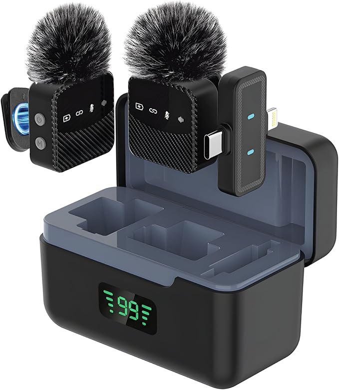 Wireless Lavalier Microphone for iPhone & Android, Auto-Pairing Noise-Reduction Clip-On Mini-Mic with Charging Case, Headphone Monitoring, Wide Compatibility for Recording & Vlogging
