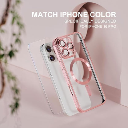 Misea Magnetic for iPhone 16 Pro Case Compatible with MagSafe [Never Yellowing] [Military Grade Drop Protection] Full Camera Lens Protector Plating Soft Clear Phone Case for Women 6.3", Pink