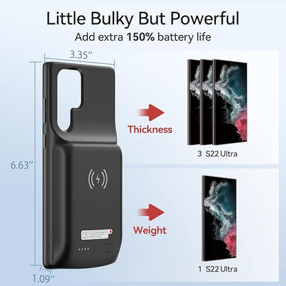 NEWDERY for Galaxy S22 Ultra Battery Case 10000mAh, Qi Wireless Charging & Fast Charging Supported, Powerful Rechargeable Charger Cover for Samsung S22 Ultra 5G-6.8" Black
