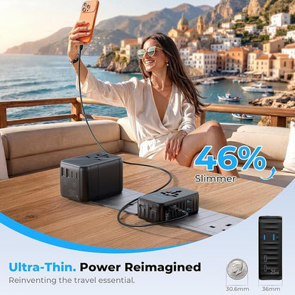 Aura Ultra-Thin International Travel Adapter PD 25W, Minimalist 36mm Slim 6-Port Charger with Smart Temperature Control, Universal Power Plug for Home & Trip, 200+ Countries (Midnight Black)