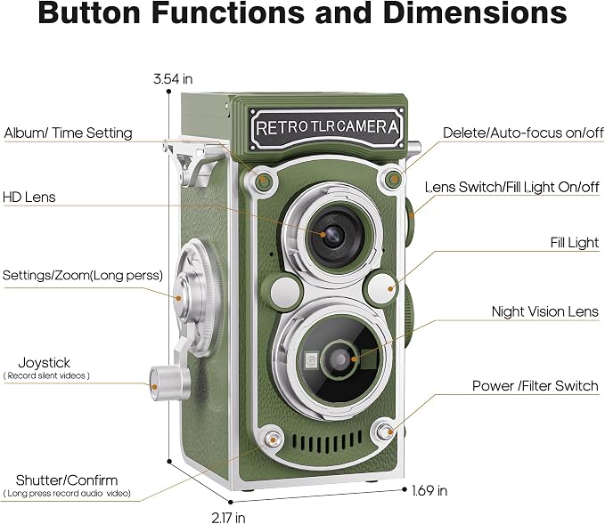 Mini Retro TLR Digital Camera, Portable 24MP 1080P FHD Vintage Point and Shoot Pocket Travel Camera with Twin Lens, Autofocus, 16X Digital Zoom, 16GB Card, for Beginners, Teens & Adults - Green