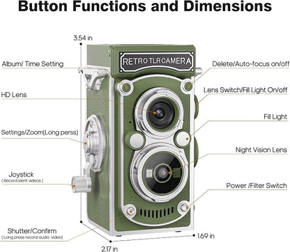 Mini Retro TLR Digital Camera, Portable 24MP 1080P FHD Vintage Point and Shoot Pocket Travel Camera with Twin Lens, Autofocus, 16X Digital Zoom, 16GB Card, for Beginners, Teens & Adults - Green