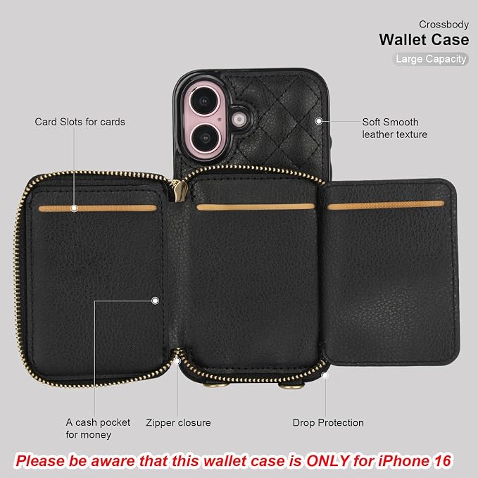 Bocasal Crossbody Wallet Case for iPhone 16, RFID Blocking PU Leather Zipper Handbag Purse Flip Cover, Kickstand Folio Case with Card Slots Holder Wrist Strap Lanyard 5G 6.1 Inch (Black)