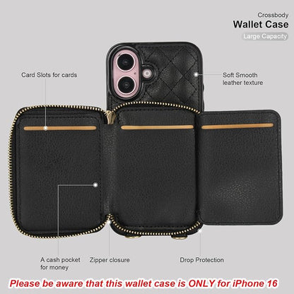 Bocasal Crossbody Wallet Case for iPhone 16, RFID Blocking PU Leather Zipper Handbag Purse Flip Cover, Kickstand Folio Case with Card Slots Holder Wrist Strap Lanyard 5G 6.1 Inch (Black)