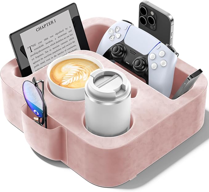 Couch Cup Holder Pillow, Sofa and Bed Caddy for iPad, Kindle, Switch, Game Controller, Remotes, Phones, Small-Sized Cup & Drink Holder for Couch, Bed, Desk, Car, Beach, Bathroom Cup Holder Pink