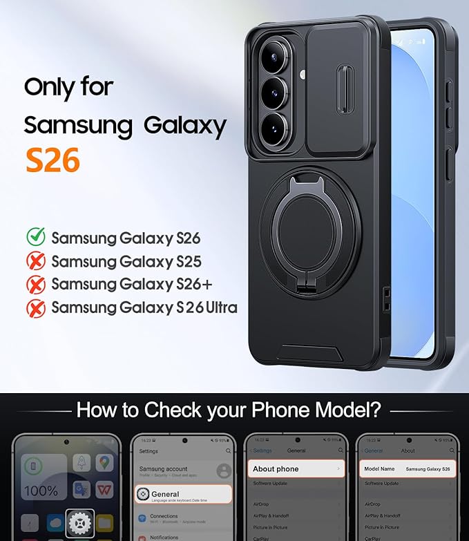 JAME for Samsung Galaxy S26 Case, Ring Holder Stand Kickstand, Slide Camera Cover with Screen Protector, Dual-Layer Shockproof Protective, Magnetic Accessory Friendly Galaxy S26 Phone Case, Black
