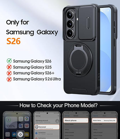 JAME for Samsung Galaxy S26 Case, Ring Holder Stand Kickstand, Slide Camera Cover with Screen Protector, Dual-Layer Shockproof Protective, Magnetic Accessory Friendly Galaxy S26 Phone Case, Black