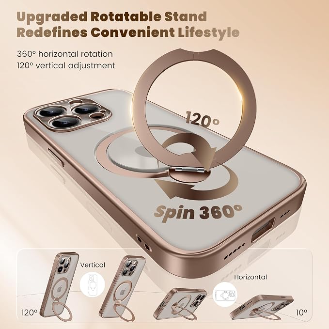 GolbinBox for iPhone 15 Pro Max Case with 360° Spin Magnetic Stand,[Compatible with Magsafe] [Military Protection][Built-in Ring Holder] Shockproof Phone Case for 15 Pro Max,Desert Titanium/Clear