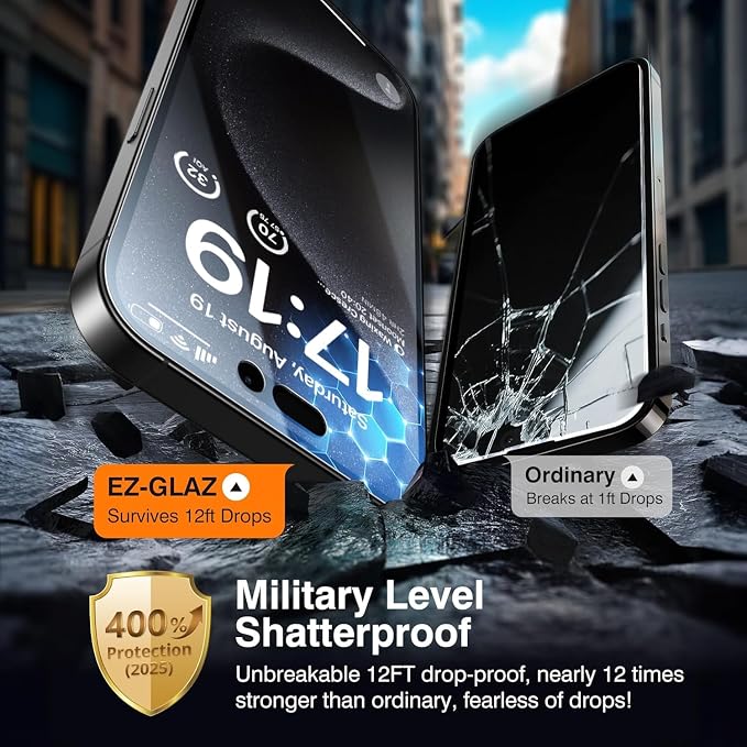 EZ-GLAZ- 4 Pack for iPhone 15 Pro Privacy Screen Protector [6.1"] With 2 Pack Camera Lens Protector, 9H+ Hardness 12FT Military Grade Shatterproof Scratch Resistant Durable Tempered Glass Film with Flawless Fit Kit
