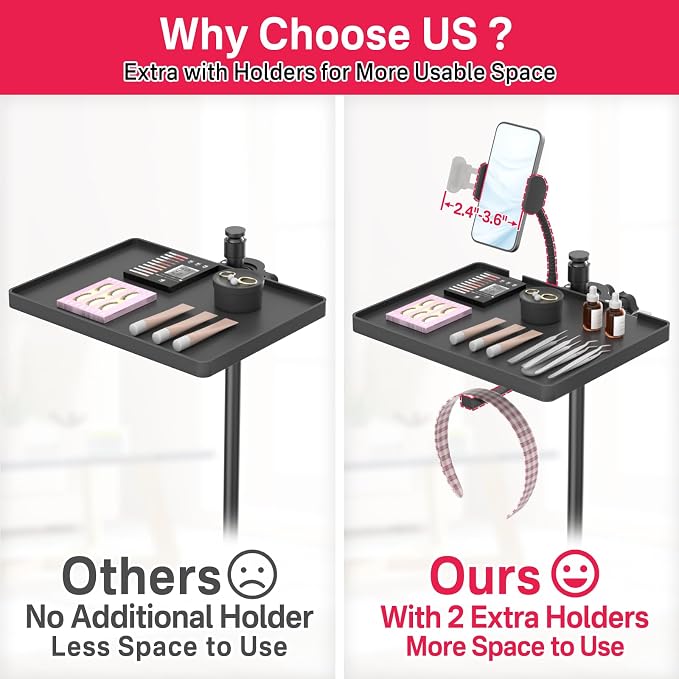 Adjustable Lash Tray Holder for Ring Light Tray– Clip-On Organizer Stand with Phone Holder & Mirror Hook to Put Eyelash Extension Supplies, Perfect for Lash Techs & Salon or Home Use
