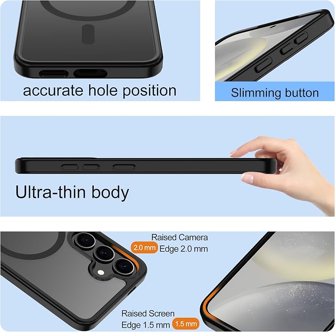 For Samsung Galaxy S24 Case & Galaxy S25 Case [Compatible with Magsafe] Translucent Matte Magnetic Phone Case,Slim Thin Duty Shockproof Protection Cover with 2pc HD Screen Protector for S24/S25-Black