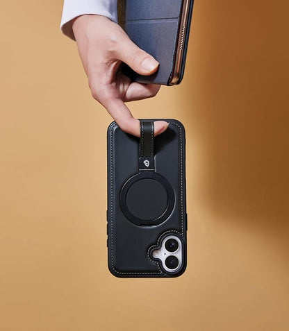 for iPhone 17 Leather Case with Stand, Anti-Slip Grip Ring, Fits for MagSafe (Black, iPhone 17)