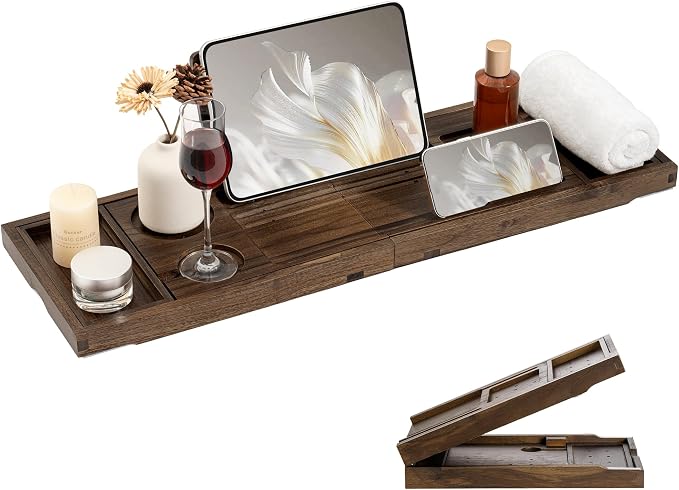 Fun Memories Teak Bathtub Tray for Tub – Adjustable Bath Caddy with Wine Glass Holder, Phone Dock & Book Stand – Solid Bath Tub Tray Wood – Dark Walnut Finish