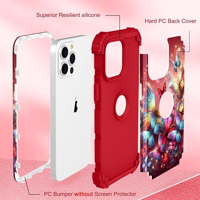 Hocase for iPhone 15 Pro Case, Heavy Duty Shockproof Protection Soft Silicone Rubber Bumper+Hard Plastic Hybrid Protective Case for iPhone 15 Pro 6.1" 2023 - Shimmering Butterflies in Red