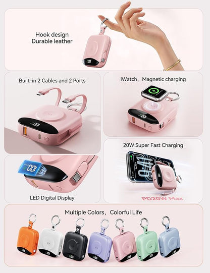 Portable Charger Power Bank, 10000mAh Fast Charging Power Bank with Built-in Cables, Travel Keychain Battery Pack with LED Display for iPhone Samsung Android iPad iWatch Charger 11/10/9/8/Ultra,Pink