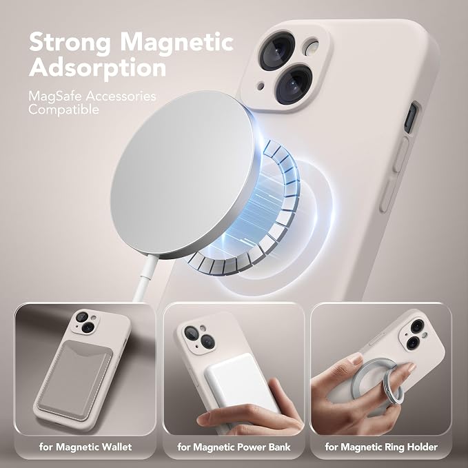 Magnetic for iPhone 15 Case, Compatible with MagSafe, [Screen Protector + Full Camera Protection], Silicone Shockproof Anti-Scratch Protective Phone Case for iPhone 15 6.1", Stone
