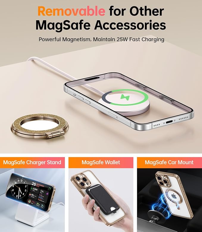 Meifigno Magnetic Case for iPhone 16 Pro 6.3'' with Removable Phone Ring Stand, [Glitter Card & Wrist Strap] [MagSafe Compatible] [Built-in Mirror] Phone Ring Stand + Phone Case Kit, Desert Titanium