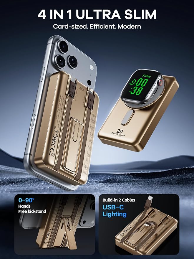 Magsafe Charger 10000mAh PD 20W Power Bank for iPhone & Apple Watch | Magnetic power bank, built-in 2 charging cables, PD 20W fast charge, compatible with iPhone 12-17 & Apple Watch Series