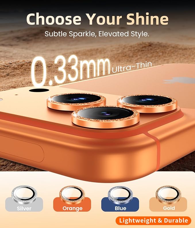 PandaShield 2-Pack Anti-Reflection Camera Lens Protector for iPhone 17/16/15 Pro & Pro Max, Easy Installation,9H Hardness,98% Ultra Clarity,Maintains Original Lens Design–Glitter Orange